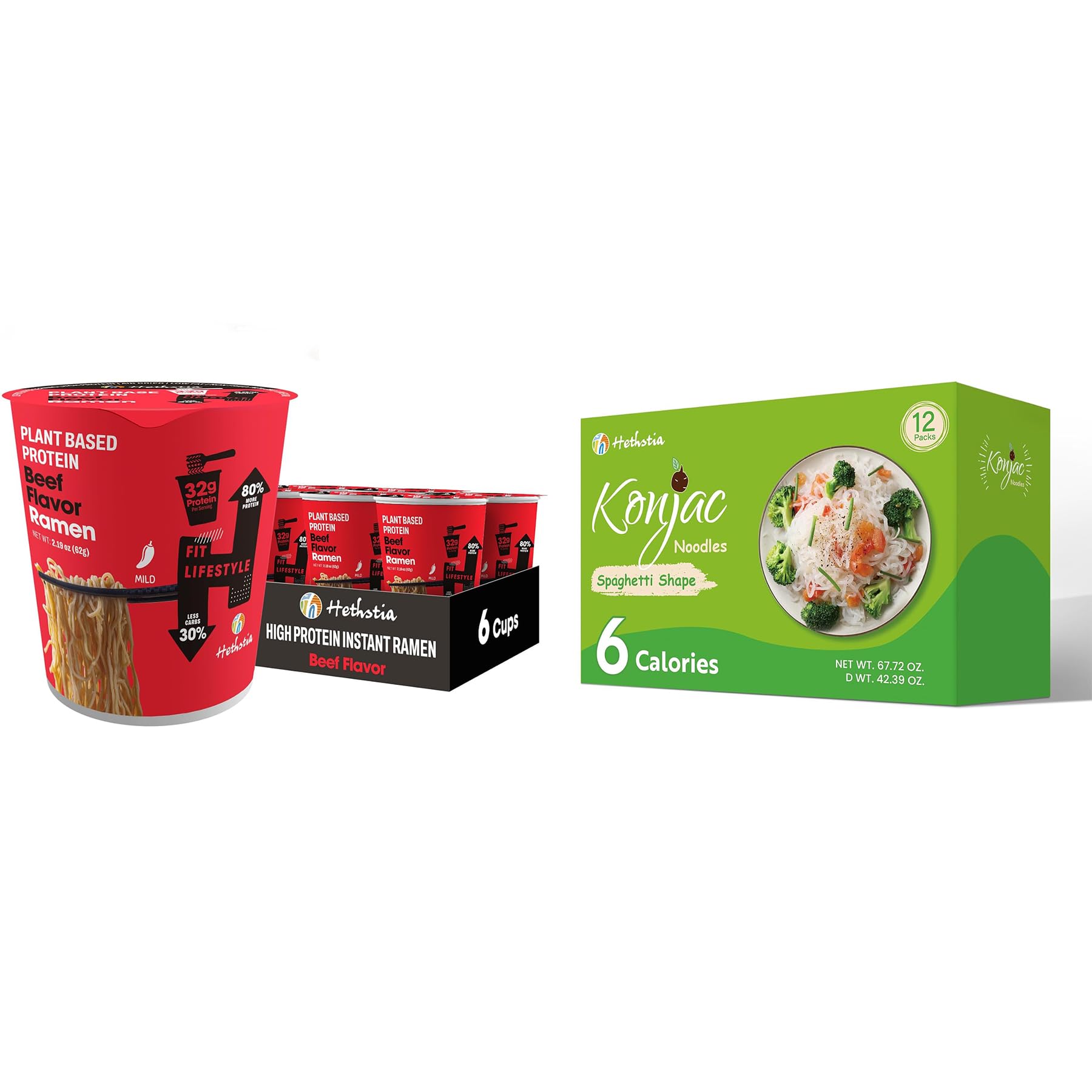 High Protein Ramen Cup & Konjac Spaghetti Bundle – 32g Plant Protein Ramen Soup with Low-Carb Shirataki Pasta, Vegan, Non-Fried, Low Calorie, Healthy Meal Combo