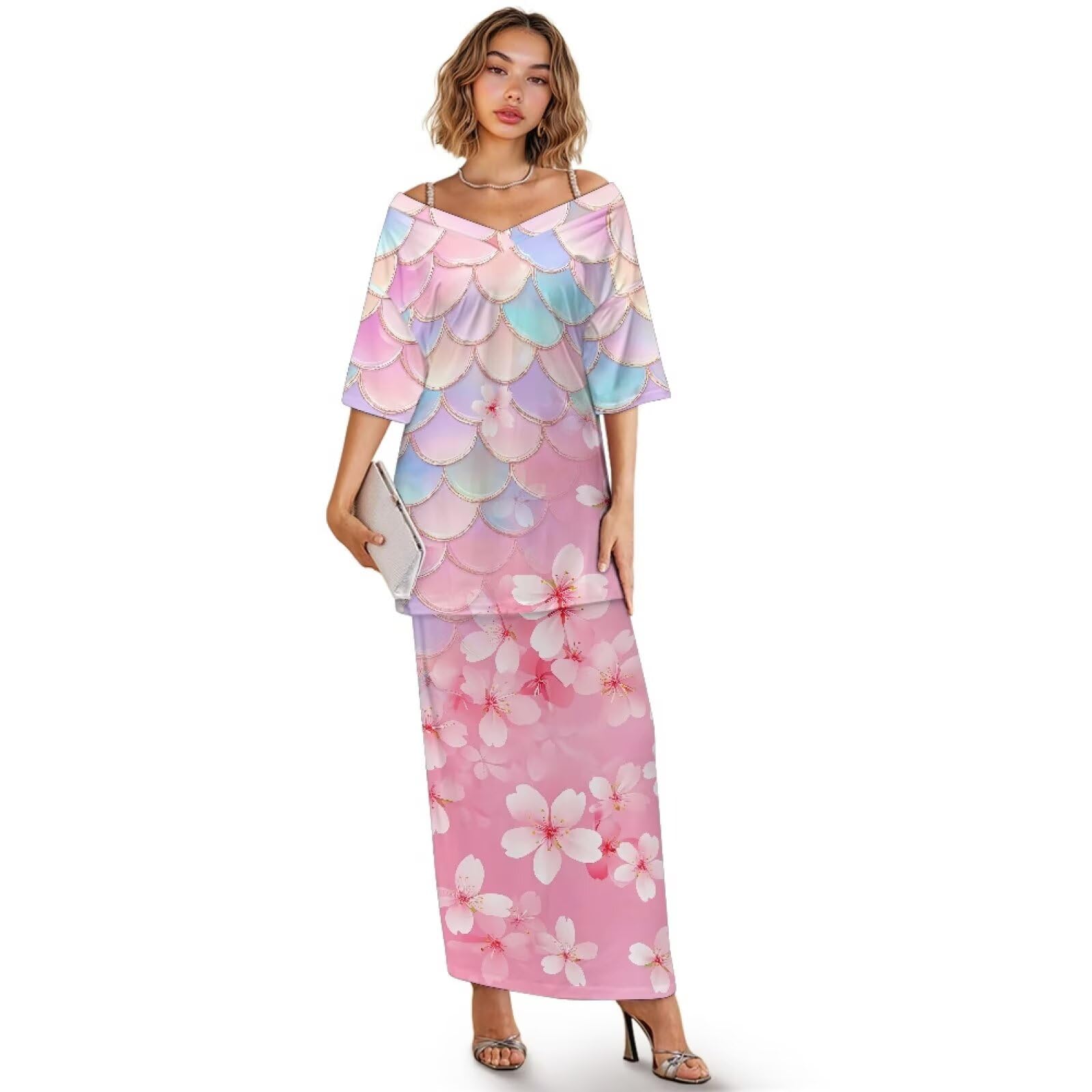 Hawaii Tropical Flower Womens Off Shoulder Half Sleeve Long Maxi Skirt Set 2 Piece Polynesian Party Dress