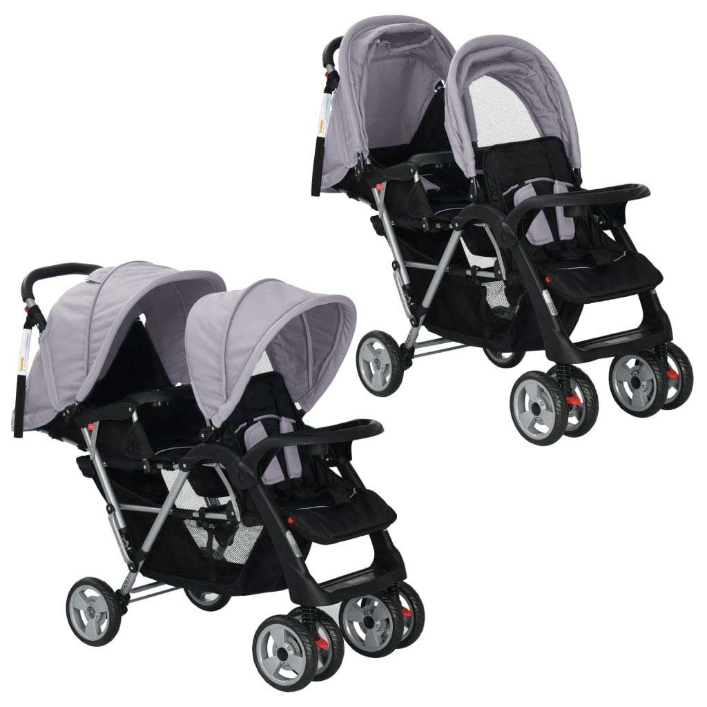 Kavolet Passeggino gemello, gemello, passeggino tandem per 2 bambini, passeggino da viaggio, passeggino 2 in 1, grigio e nero, 122,5 x 53,5 x 111 cm, in acciaio