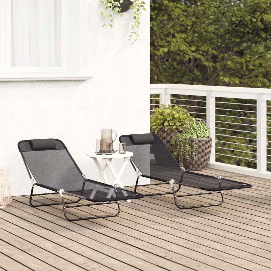 Składany leżak do opalania, zestaw 2 szt., czarny, 182 x 55 x 85,5 cm, leżak ogrodowy z regulowanym oparciem, na taras, balkon, basen, plażę, kemping, wellness