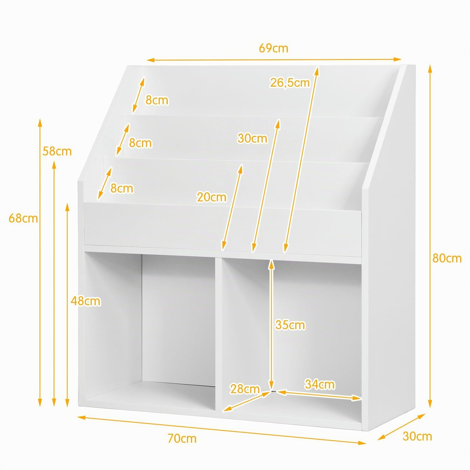 COSTWAY Bücherregal für Kinder, Spielzeugregal aus Holz mit 3-stufigem Fach & 2 Ablagen, 2 in 1 Kinderregal Aufbewahrungsregal für Kinderzimmer, Spielzimmer, Weiß, 70 x 30 x 80 cm