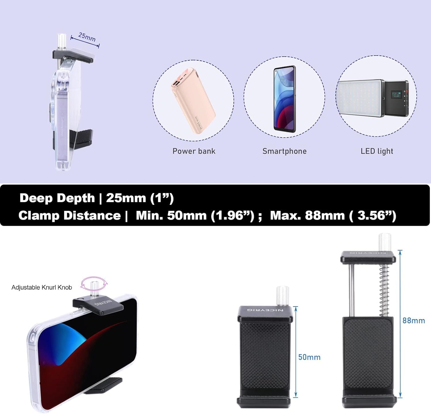 NICEYRIG Aluminium Power Bank Clamp für DJI RS 2/RS 3/RS 3 Pro,50mm - 88mm Wide Range Universal Portable Charger Holder mit abnehmbarem Cold Shoe Mount für DSLR Kamera,Gimbal System