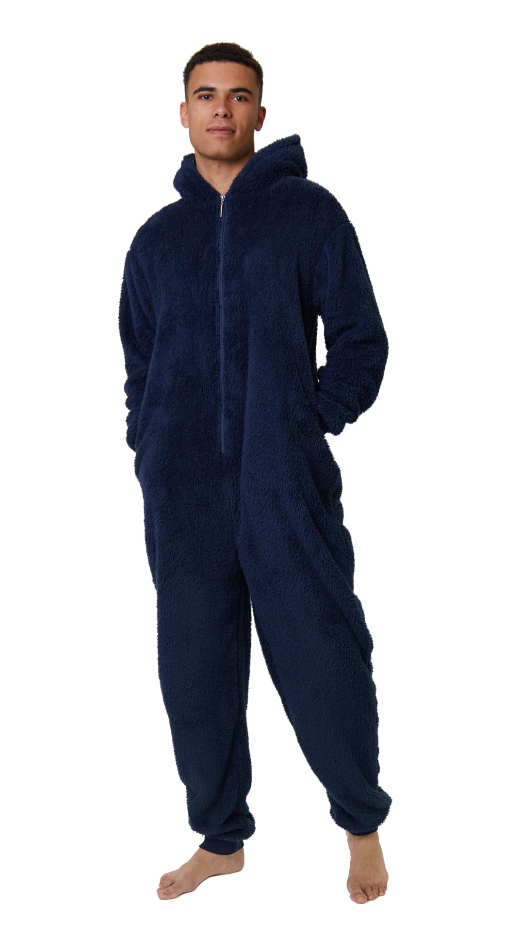 Nikaro Men's Sherpa Thermal Fleece Onesie with Hood - Zip Up Loungewear Jumpsuit - Warm Winter Sleepwear (2XL) Navy