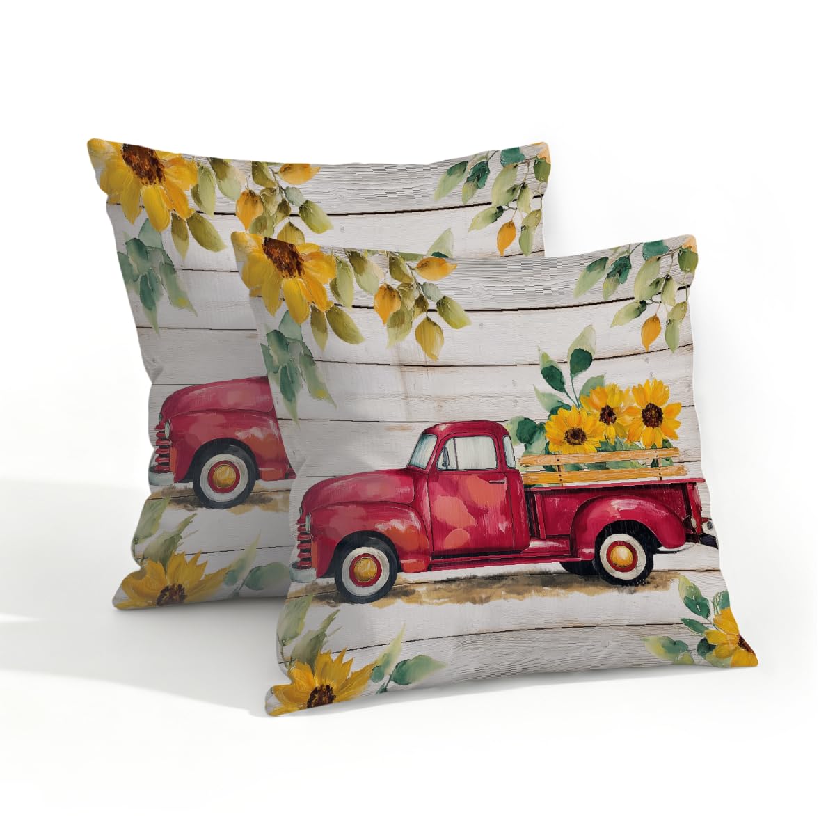 Outdoor Pillow Covers Waterproof Pillowcases 18x18in Set of 2 Farm Vintage Floral Truck On Wooden Decorative Throw Cushion Case for Couch Sofa Garden Patio Furniture