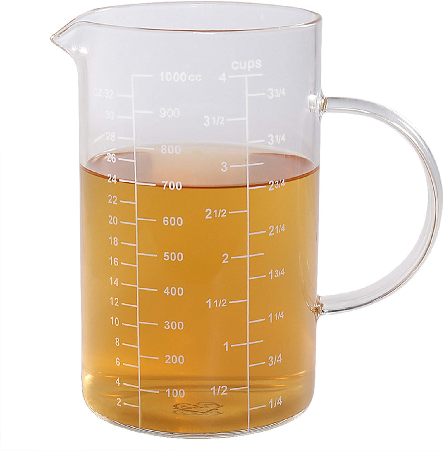 Glass Measuring Cup, [Insulated Handle, V-Shaped Spout], 77L High Borosilicate Glass Measuring Cup for Kitchen or Restaurant, Easy to Read, 1000 ML (1 Liter, 4 Cup)