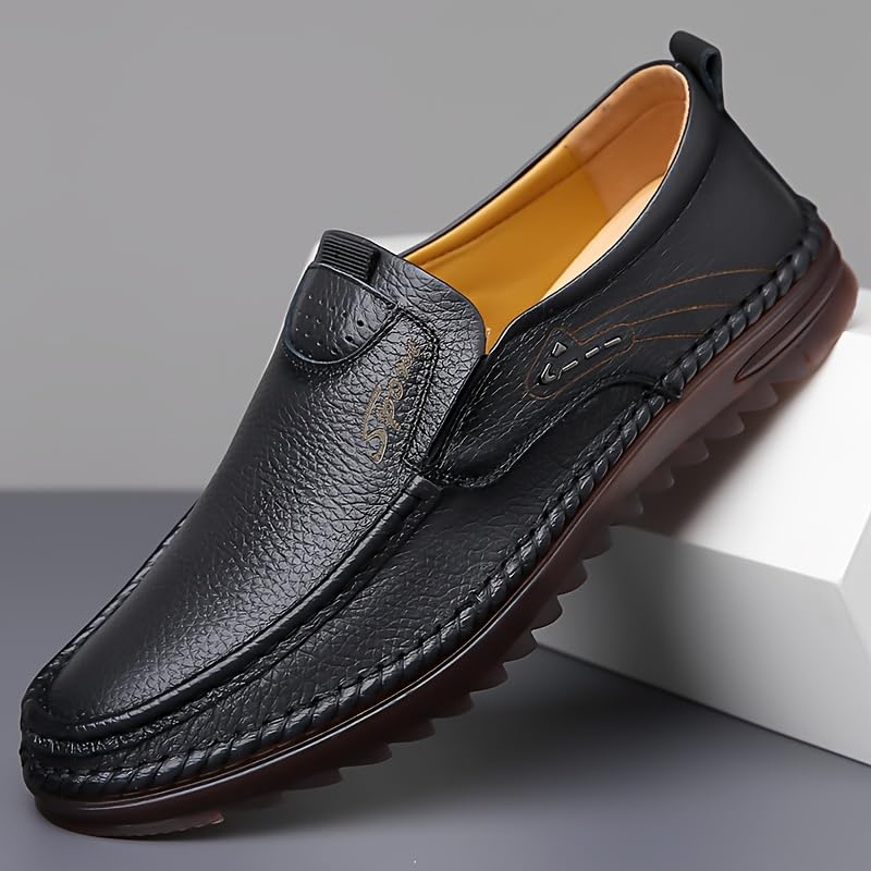 Men's Solid Colour Classic Top Grain Cow Leather Upper Slip On Loafer Shoes, Comfy Non Slip Rubber Sole Durable Dress Shoes, Men's Footwear3