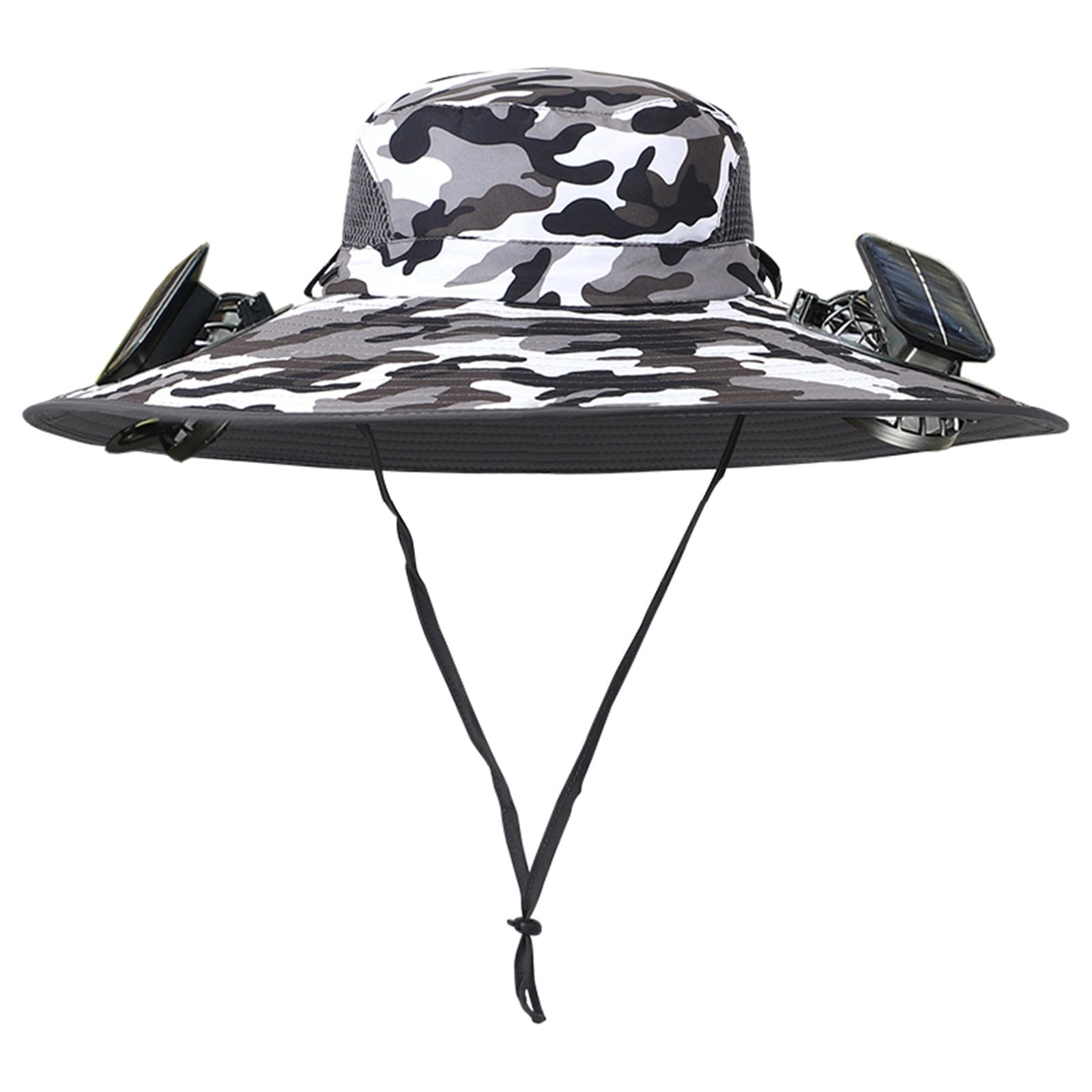 WOMGKDA Solar Powered Cooling Hat with 2 Fans Unisex Wide Brim Bucket Hat Waterproof Breathable for Fishing Hiking Outdoor Activities, Camo Black White, One Size