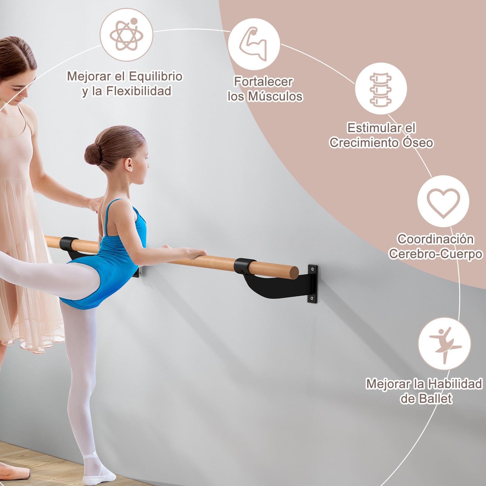 GYMAX Barra de Ballet de Madera, 120 cm de Largo, Soporte de Pared, Barra de Ejercicio, Barra de Baile, Altura Fija para Danza, Estiramiento y Yoga, Barra de Ballet para Niños y Adultos