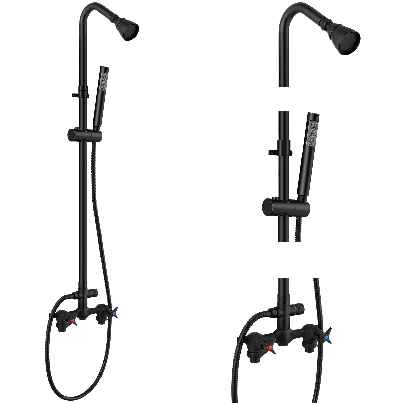 Aolemi Wall Mounted Matte Black Outdoor Shower Kit with Handheld Sprayer Double Cross Handles with Adjustable Slide Bar Exposed Shower Faucet Set