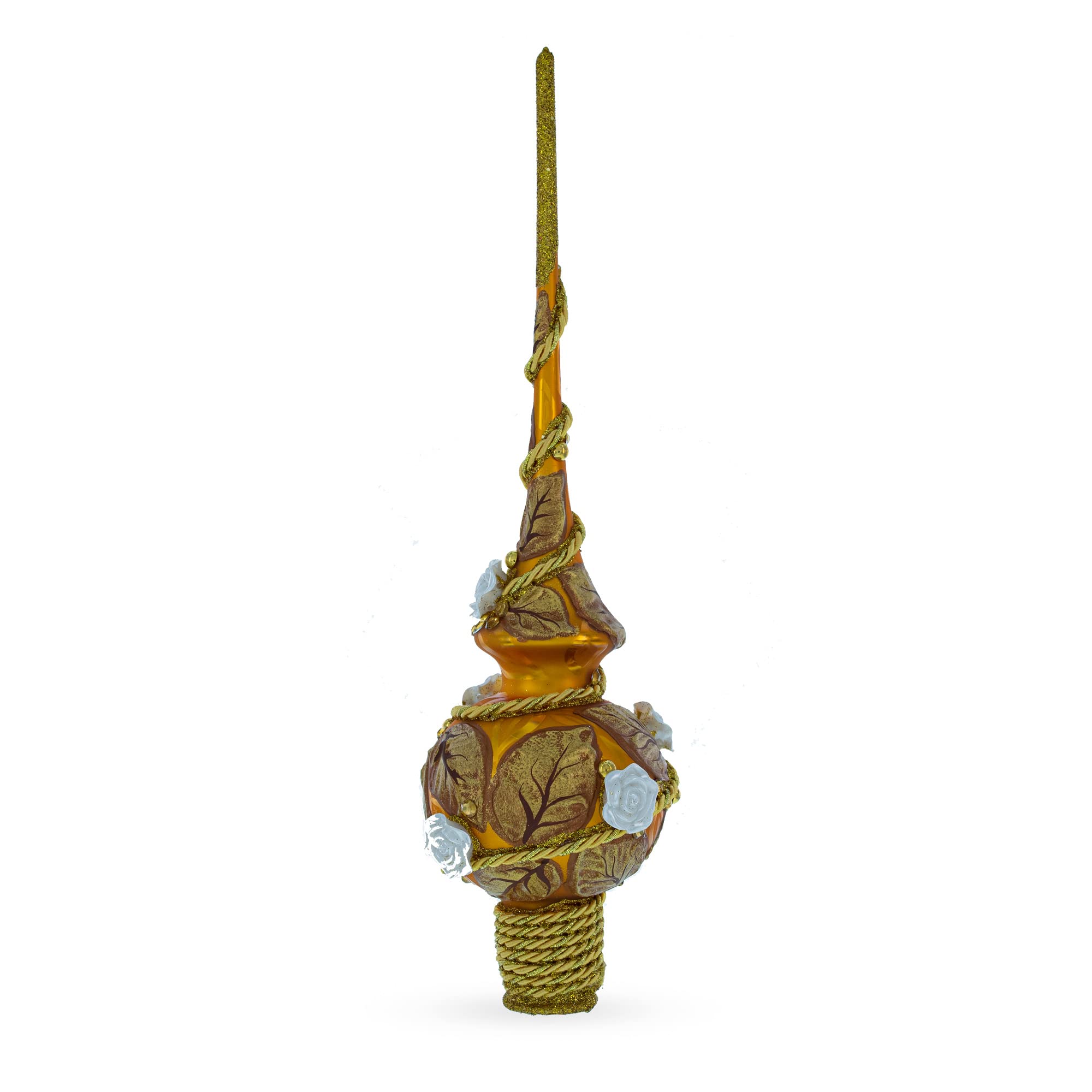 BestPysanky Cimier de sapin de Noël en verre doré - Feuilles dorées - 28 cm
