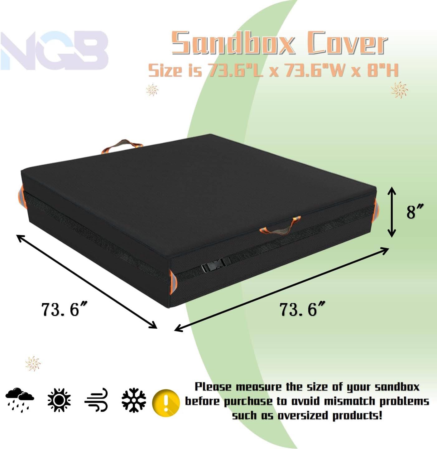 Square Sandbox Cover, Made 600D Heavy Duty for Children's Sandbox Protection Kids Outdoor Sand Boxes Sandpit,with Two Reflective Handles,7.7 Metre Drawstring and snap（73.6" L x 73.6" W x 8" H）