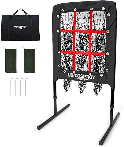 Red de lanzamiento de béisbol y sóftbol de 9 agujeros con zona de ataque, altura ajustable de hasta 45 pulgadas, red resistente de 7 capas, marco