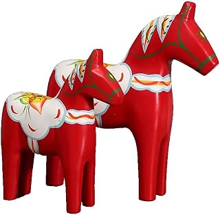 Set of 2 Swedish Wooden Dala Horses, Dalecarlian Horse Figurines, Christmas Ornament Decor for Home, Red