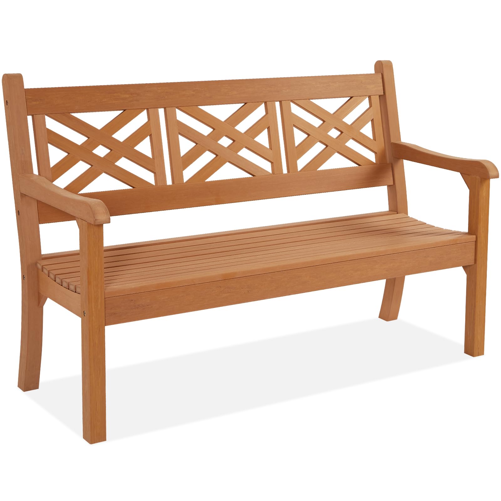 Psilvam 63''W All-Weather Poly Lumber Outdoor Bench – Teak Color, 3-Person Garden Bench with Decorative Backrest & Curved Armrests, Anti-Rot &