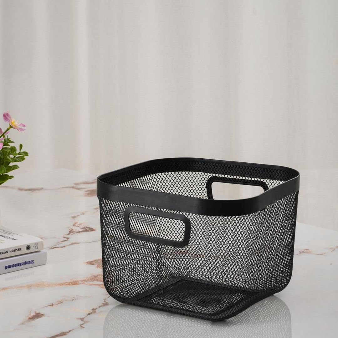 Metal Mesh Storage Organizer Basket With Side Handle | Multipurpose | Open Storage Bin For Fruits,Vegetable Books,Picnics | Large | Rectangle | Black | Pack of 1-image-10