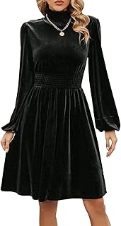 ZPLxi Women's Casual Dress Turtleneck Long Puff Sleeve Solid Color High Waist Velvet A-Line Pleated Hem Flowy Fall Winter ...