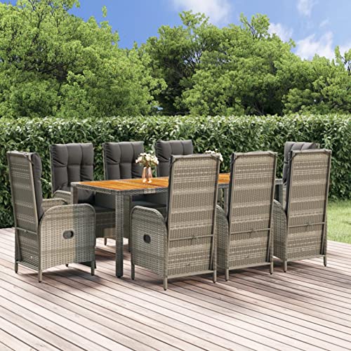 Festnight 9 pzas Conjunto Comedor Jardin de Ratan Set Mesa y Sillas Jardin con Cojines Conjunto Comedor Jardin Exterior Mesa y Sillas Terraza Conjunto Jardin Muebles Jardin de Ratan Gris