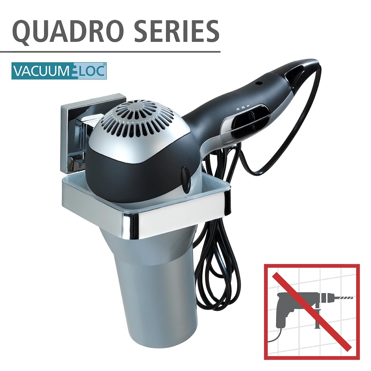WENKO Vacuum-Loc® porta asciugacapelli in acciaio inox Quadro, Acciaio inossidabile, 14 x 7.5 x 13.5 cm, Lucido
