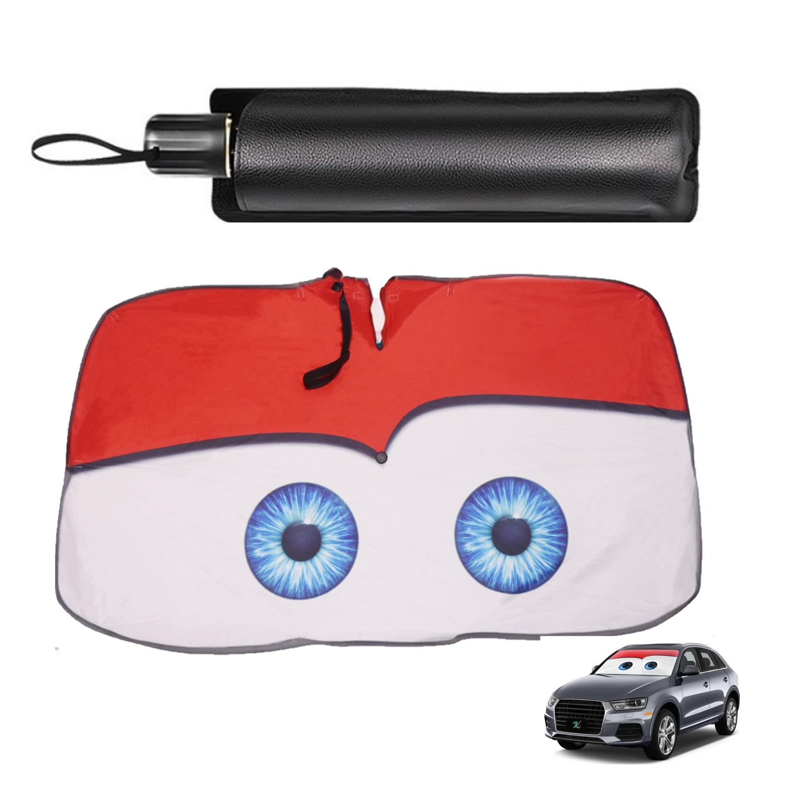Parasol Coche Delantero Plegable con Ranura para Espejo Retrovisor de 145 x 79 cm，Parasol Coche Paraguas con Diseño Adorable de Ojos,Viene con Bolsa de Almacenamiento, Apto para berlinas,MPV,SUV