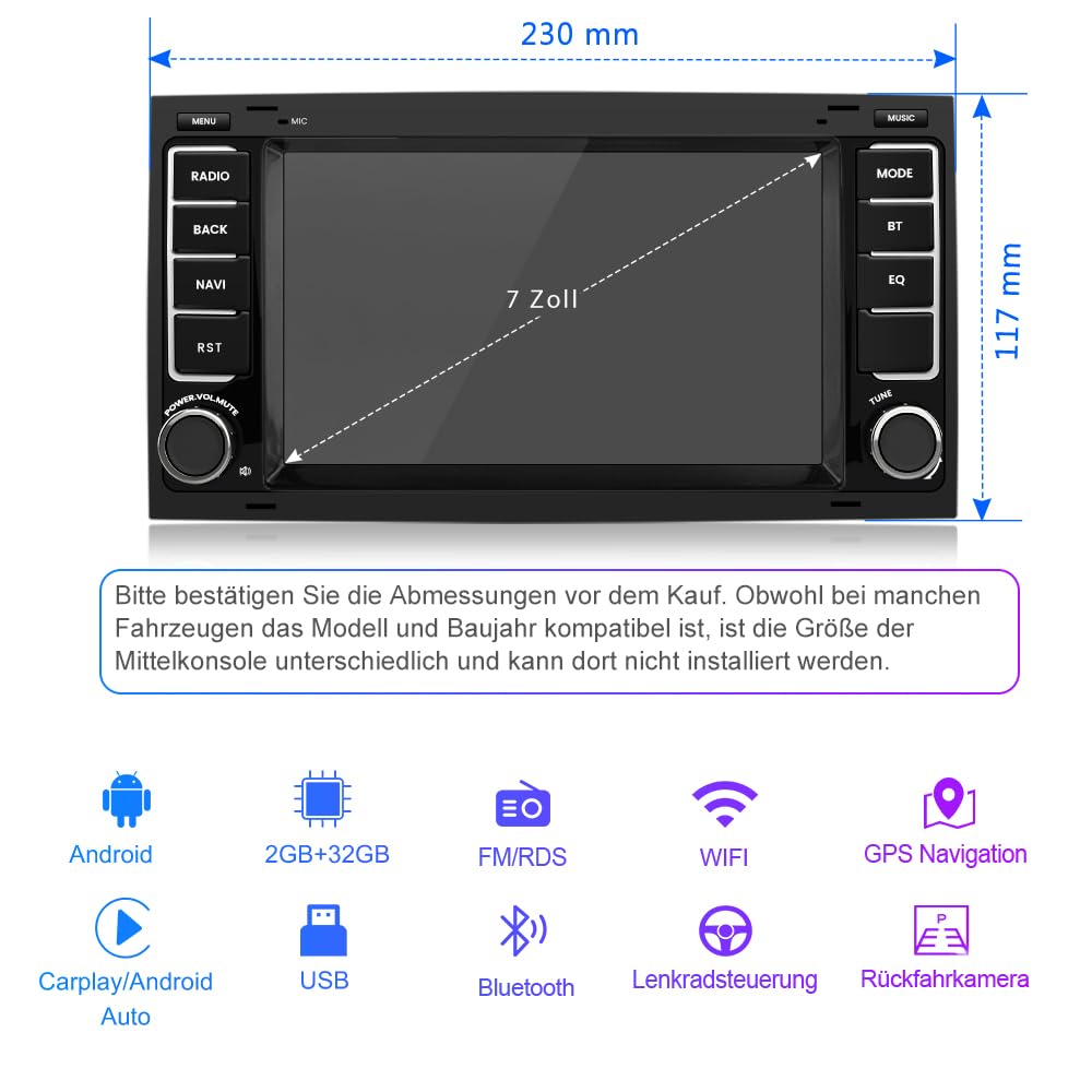 Junsun Android Autoradio für VW Touareg 2004-2011,Transporter T5 Multivan 2004-2009 2GB+32GB with 7 Zoll Touchscreen CarPlay, Android Auto, Bluetooth Navigtion Lenkradsteuerung