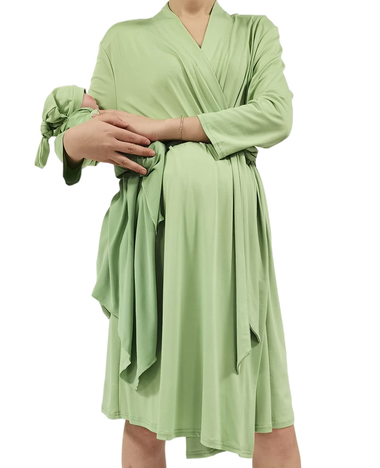 QTECLOR Mommy Robe for Maternity with Matching Swaddle Blanket Girls Boys, Delivery Labor Robe for Hospital Women Dress