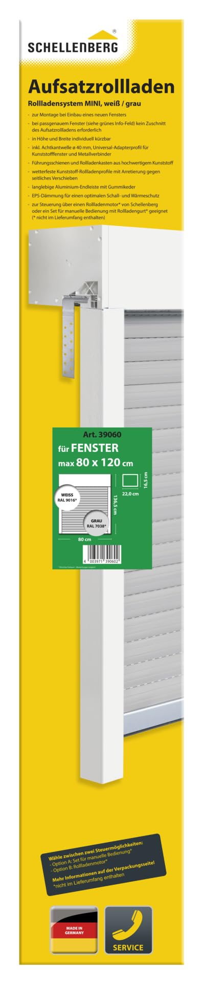 Schellenberg 39060 Kit de volet roulant pour fenêtre Système de volet roulant Mini PVC 80 x 120 cm Blanc/gris Peut être raccourci en hauteur et largeur avec isolation EPS et accessoires à monter