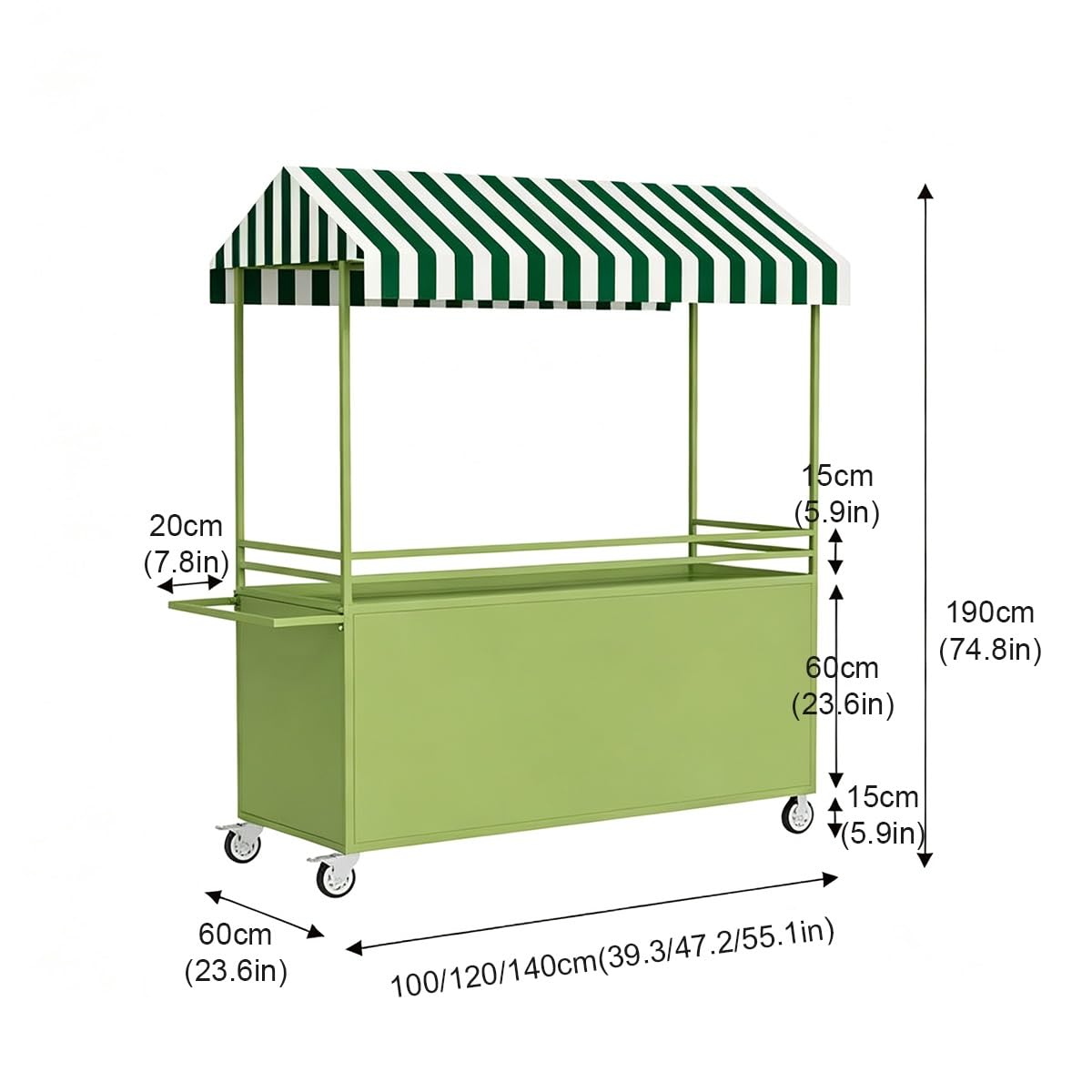 Carrito Ambulante para Comida con Toldo y Ruedas Giratorias, Puesto Móvil | Carro Comercial Puesto de Venta con Ruedas y Amplia Superficie de Trabajo para Mercados y Eventos(Orange,100cm)