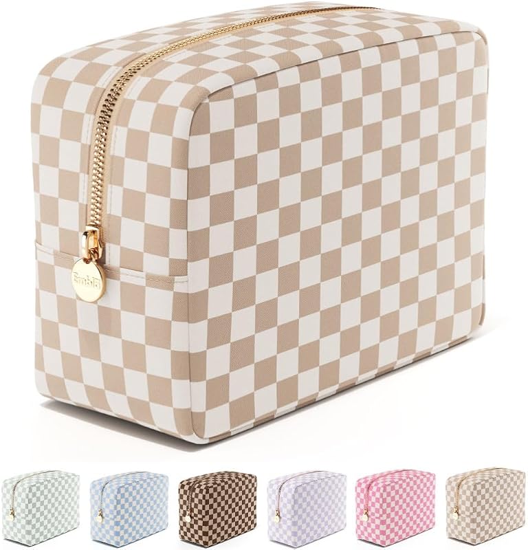 Necessaire Embla retangular de nylon com zíper, estampa xadrez Sand Checkered, para viagem, 1 unidade