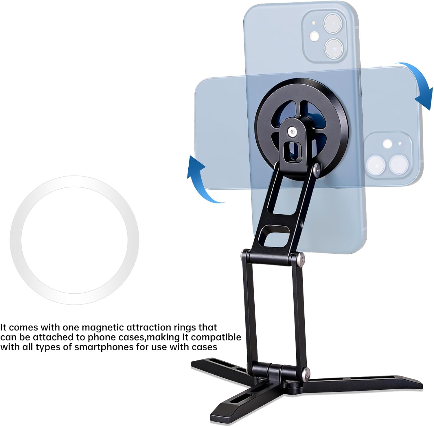 Aluminum Magnetic Mount Holder Compatible with MagSafe 360 Degree Rotation, 180 Degree Angle Adjustment, Foldable Desktop Tripod with a Magnetic Loop