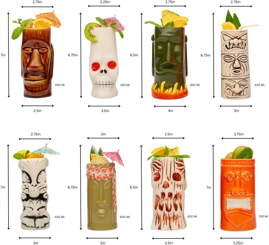 LEMONSODA Ceramic Hawaiian Tiki Glasses - Set of 8 - Tropical Drinkware Tiki Mugs for Cocktails, Barware & Luau Decor - Image 4