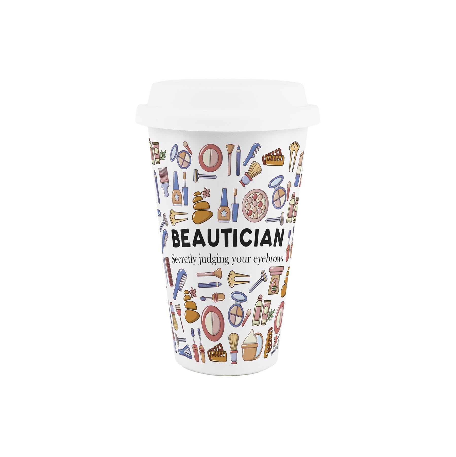 Purely Home Beautician Ceramic Travel Mug - Novelty Makeup & Beauty Job Gifts - Reusable Silicone Lid Double-Walled Insulated Hot/Cold Drinks Cup Present