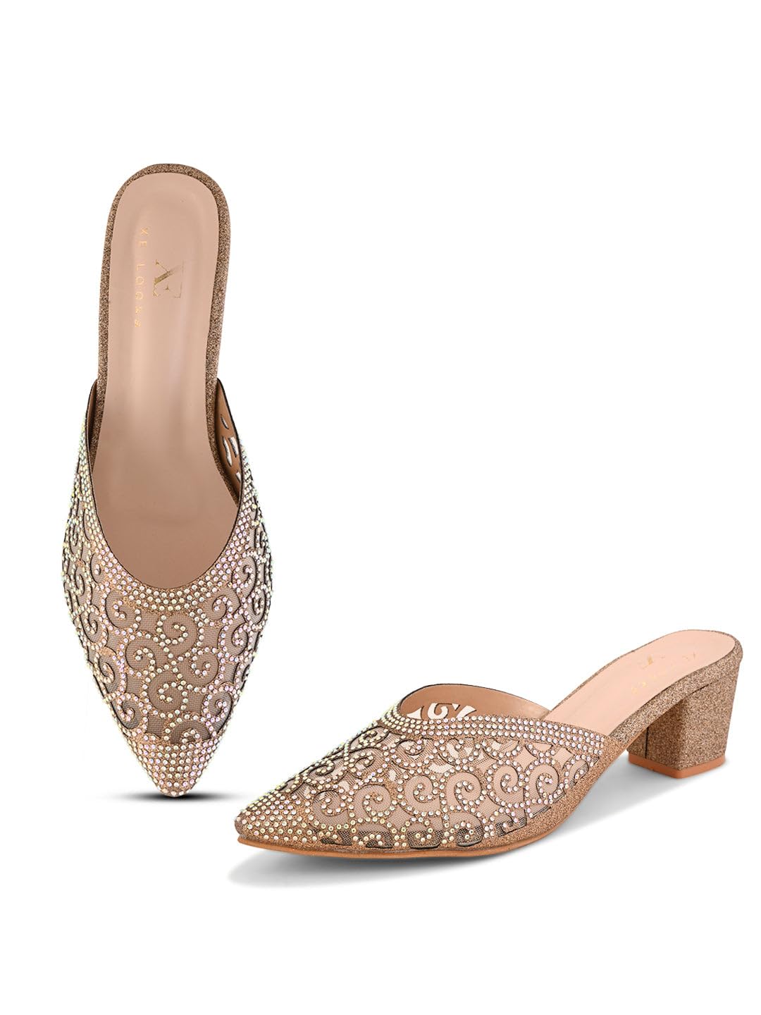 Women's Embellished Block Heel Mules | Pointed Toe Slip-On with Intricate Rhinestone Design | Stylish, Fancy & Charm Block Heels For Girls & Women-image-5