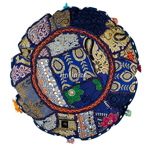 Coussin patchwork ethnique rond bleu pour coin lecture bohème chic