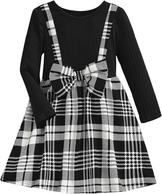 WDIRARA Toddler Girl's Plaid Bow Front Ribbed Knit Round Neck Long Sleeve A Line Dress