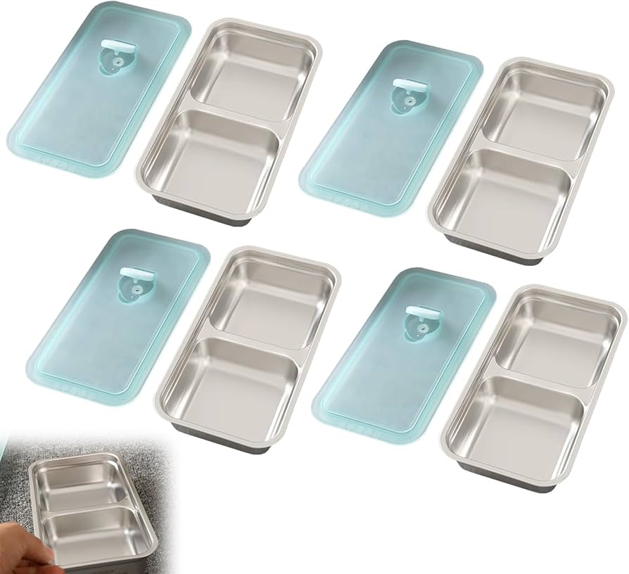 Grab and Go Snack Containers Reusable, Stainless Steel Double Compartment Snack Containers, Dishwasher- Reusable Condiment Containers with Lids, Snacks Dips Takeout Travel and Outdoor Camping (4Pcs)