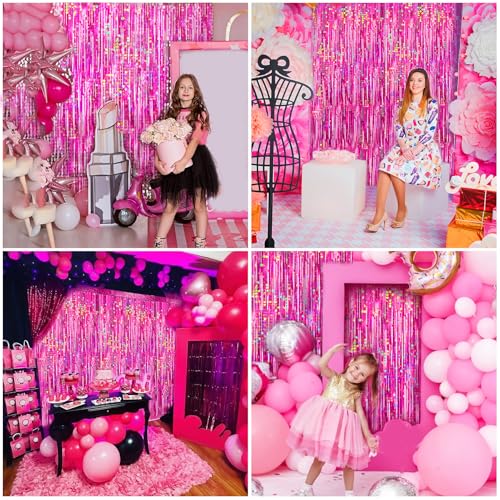 Image of 4 Packs Hot Pink Foil Fringe Curtain, Pink Glitter Metallic Tinsel Backdrop for Birthday, Wedding, Baby Shower, Bachelorette Cowgirl Princess Party Decorations Supplies