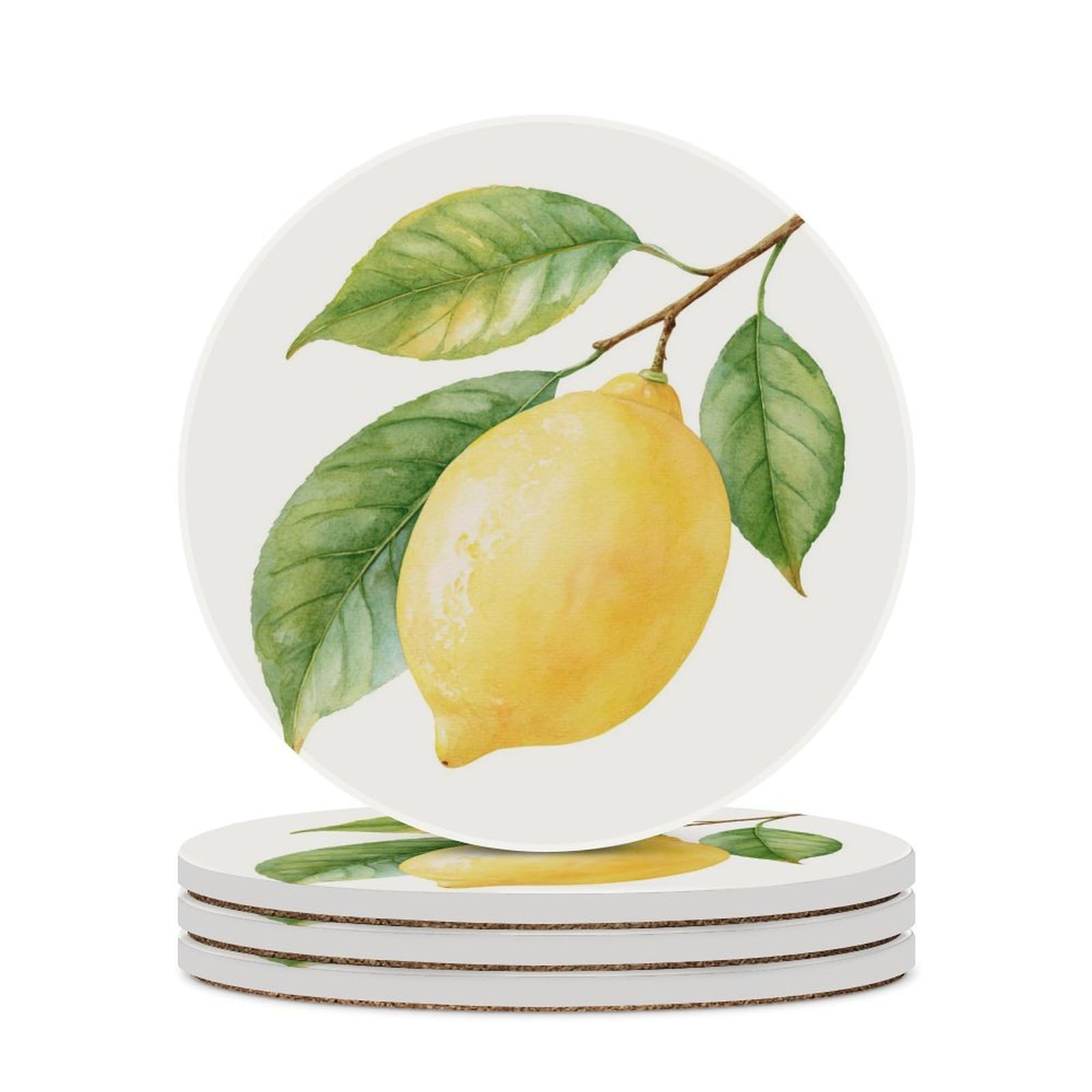 Fresh Whole Lemon Botanical Watercolor Coasters Set of 4 Absorbent Coasters