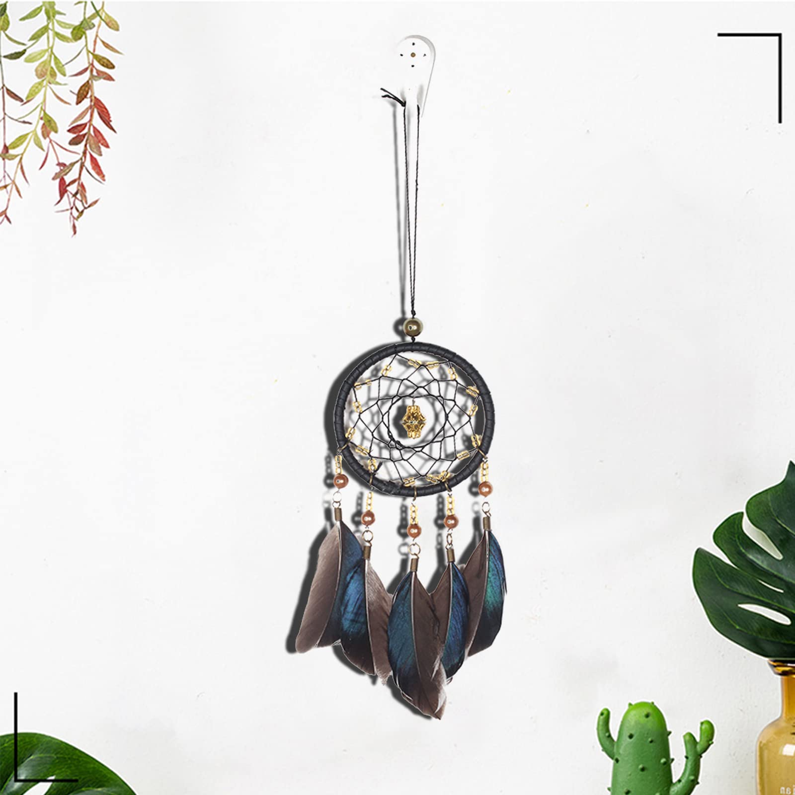 Atrapasueños Tejido a Mano con Plumas Negro para Decoración del Hogar