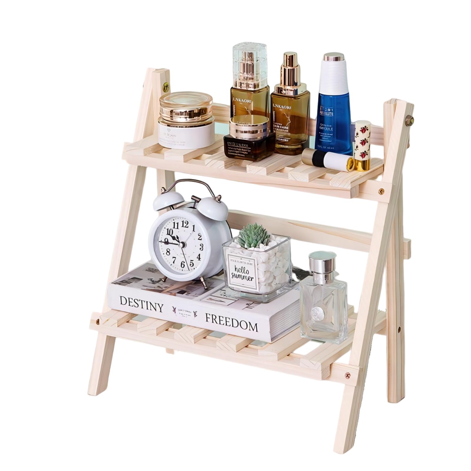 2 Tier Foldable Ladder Plant Stand Desktop Shelf Organizer Rack Wooden Display Risers for Selling L 13.3 x H 13.8 x D 7.1 inches