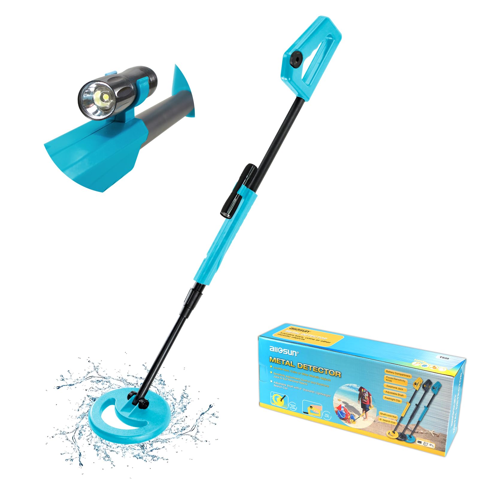 ALLOSUN Détecteur de métaux pour enfants avec bobine de recherche étanche de 15,2 cm, réglable de 79 à 102,1 cm avec lampe de poche pour exploration nocturne TS20A (bleu)