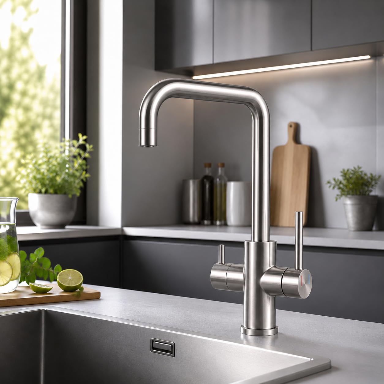 AORA VANTO INOX 3-drożny kran ze stali nierdzewnej, masywny, armatura kuchenna do filtra wody i instalacji osmozy, obracana o 360°, armatura zlewozmywakowa z oddzielnymi przewodami, kran z filtrem
