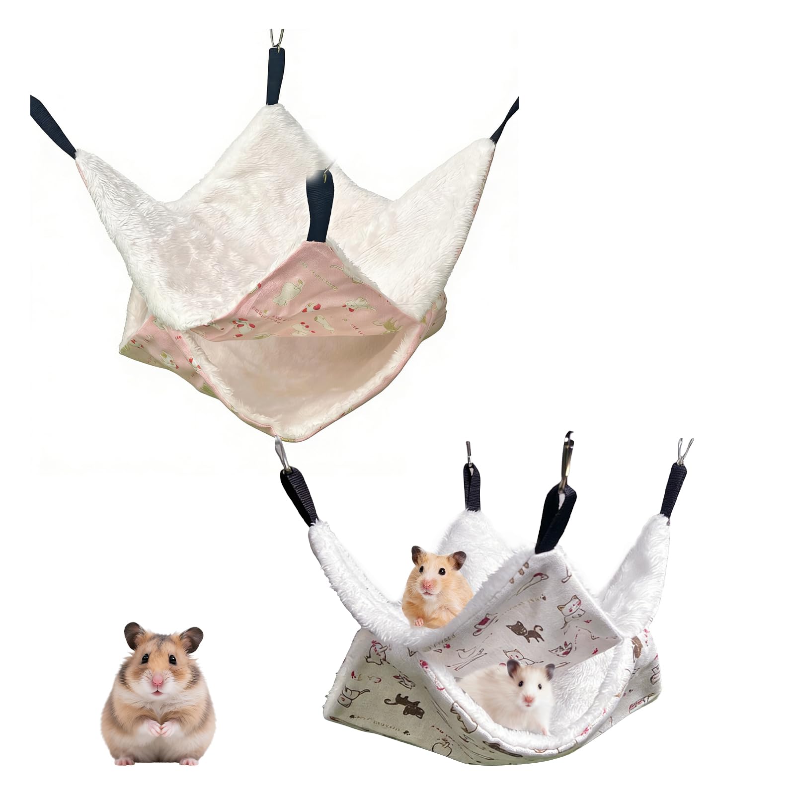 Megcdtr Rat Hammock, 2 Pcs Double Layer Rat Hammocks for Cage, Plush Guinea Pig Hammock, Soft Warm Guinea Pig Hideout for Ferrets Chinchillas Squirrel Sugar Glider (Pink + White)