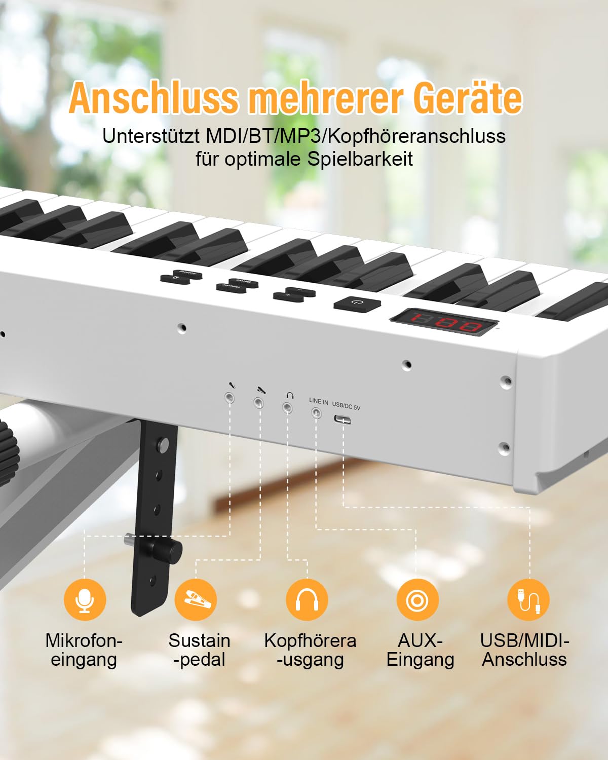 Set tastiera con supporto a 88 tasti E-Piano, compatto e portatile, con custodia per il trasporto, leggio e pedale Sustain, pianoforte bianco, per adulti e bambini