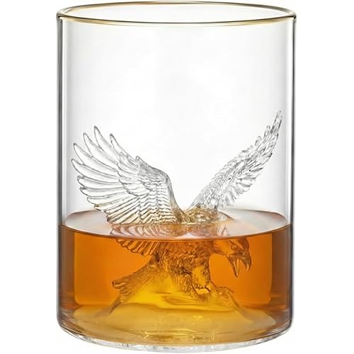 3D Eagle Whiskey Glass – 13oz Bourbon Whiskey Glasses – Awesome 3D American Bald Eagle Inside – Thick Bottom Gold Rim Old-Fashioned Glass – Bourbon Gifts for Men – Modern Sports Glassware