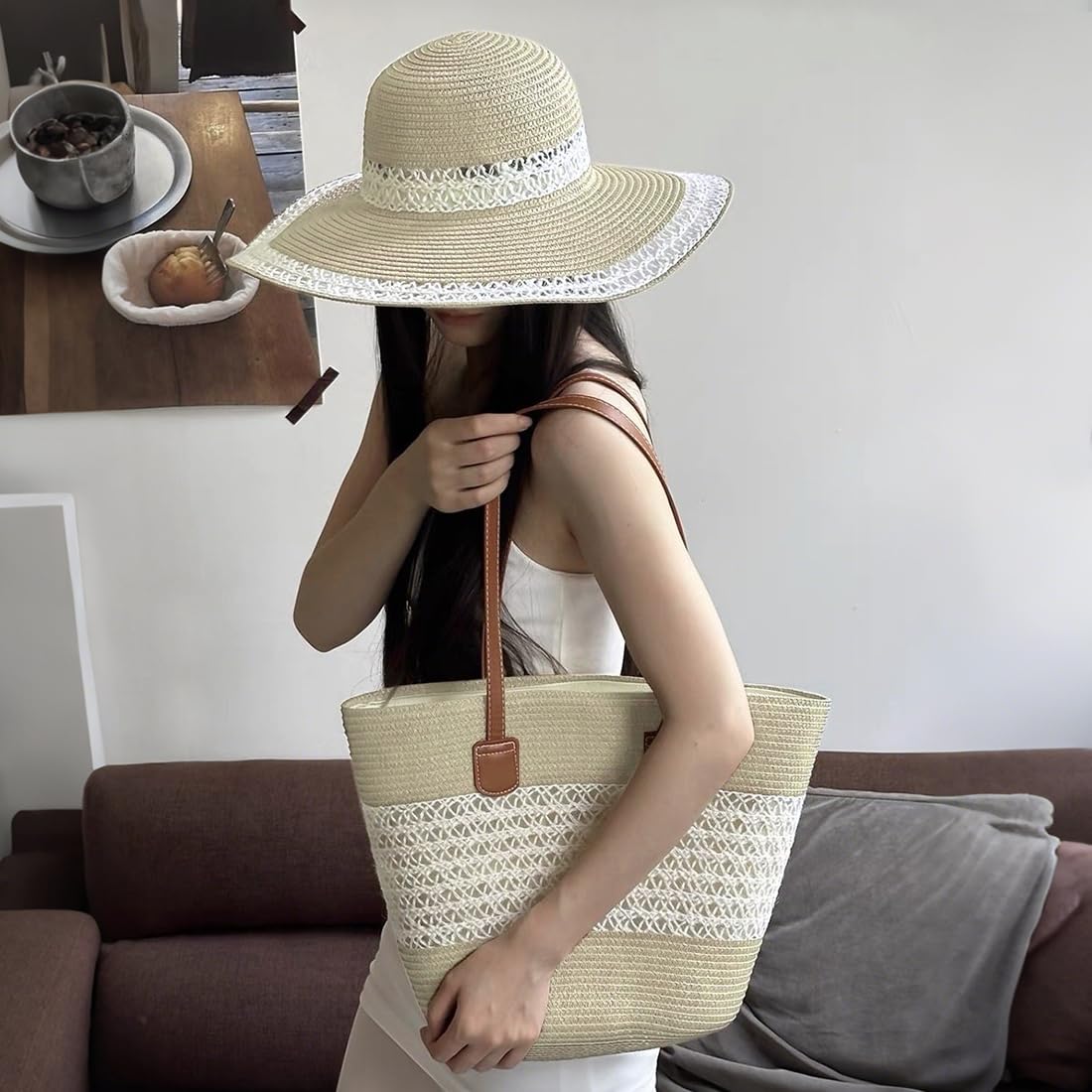 Pahajim Ensemble Sac et Chapeau en Paille Cabas Femme Raphia Chic Sac a Main Ete avec Fermeture Éclair pour Plage Voyage Vacances