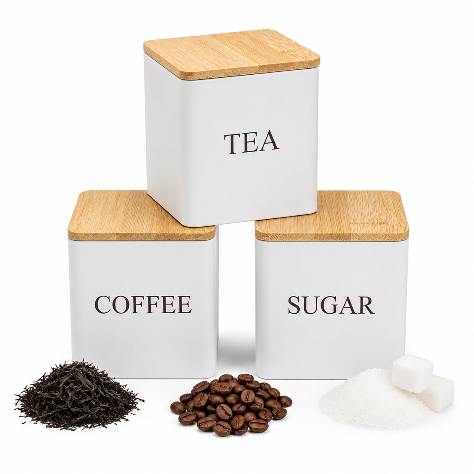 Lafefe 3 Pcs Tea Coffee Sugar Canisters Set with Airtight Bamboo Lids – Scandi Style Square Steel Kitchen Storage Jars – Elegant Food Containers for Minimalist Pantry(Matte White)