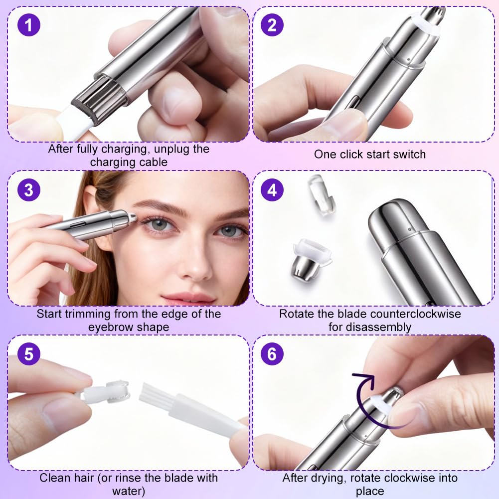 LOMUG Tondeuse à Sourcils, Rasoir à Sourcils Électrique, Épilateur Facial 2 en 1 pour Femme, Épilateur Femme avec Lumière LED pour Pêche Fuzz Lèvres Visage Barbe Nez Poils