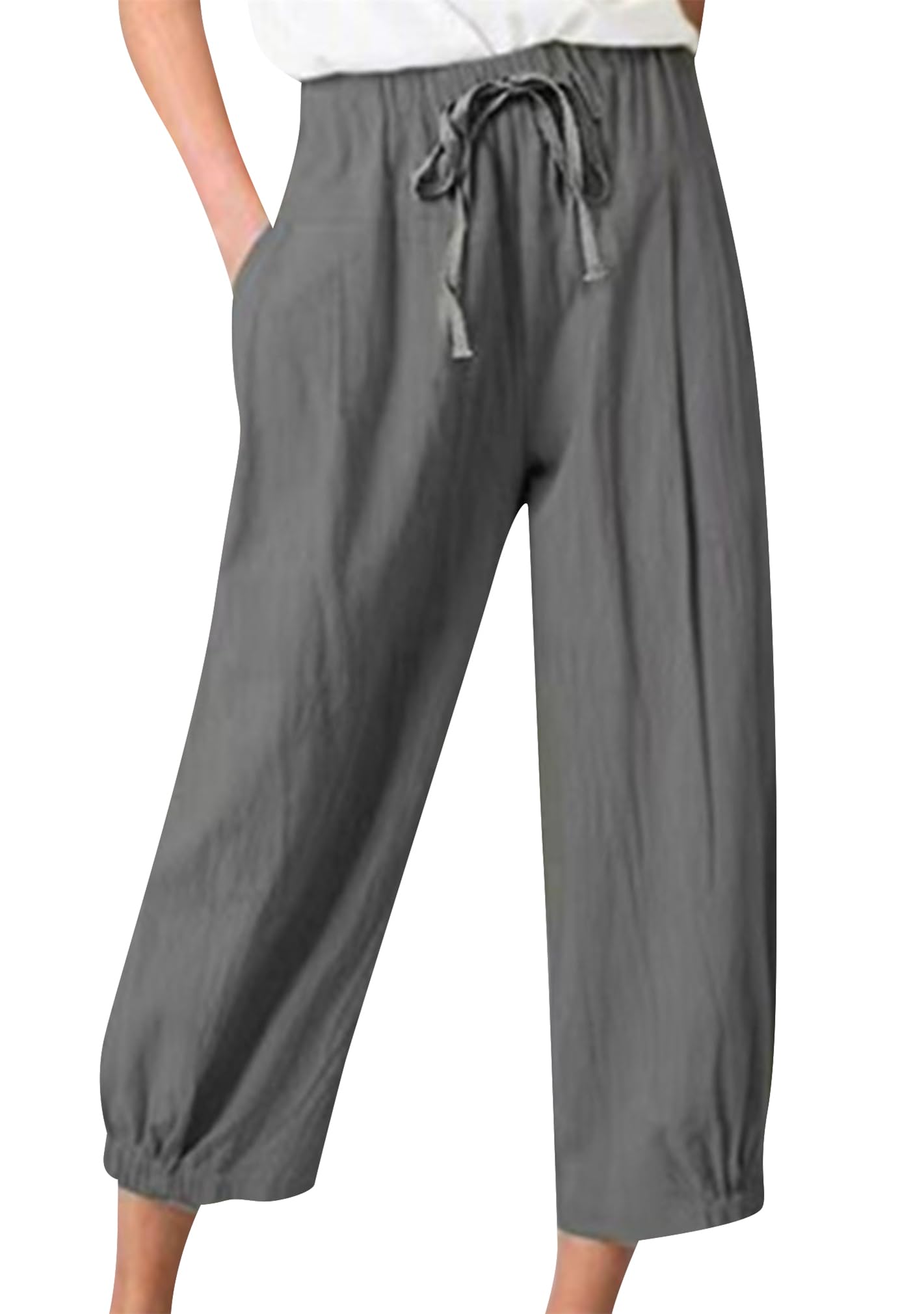 BOFETA Women Casual Cotton and Linen Pants Solid Color Cropped Trousers Elastic Waist Loose Pant
