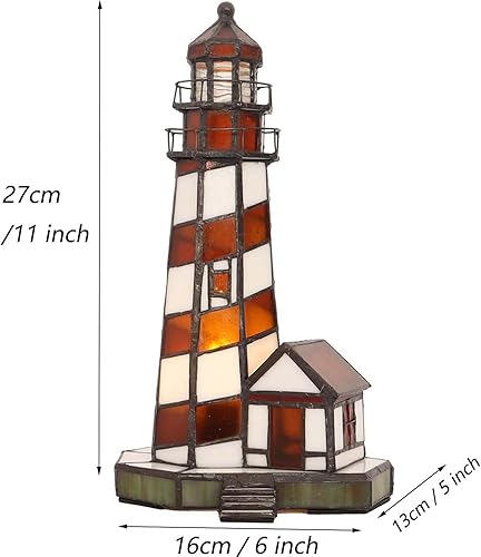 Miniatura 7 de Bieye L10616 Lighthouse Tiffany Style Lámpara de mesa con acento de vidrieras de luz nocturna para decoración del hogar (6x6x11, rojo)