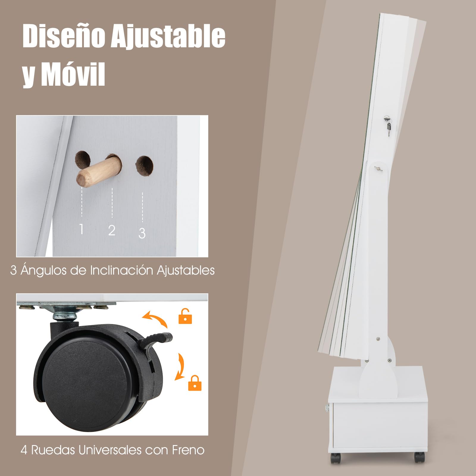COSTWAY Armario para Joyas, Espejo Joyero de Pie Con Luces LED de 3 Colores, Espejo de Pie Cuerpo Entero con Cerradura, Cajón y 4 ruedas, Almacenamiento de Joyas Con Espejo de Maquillaje (Blanco)